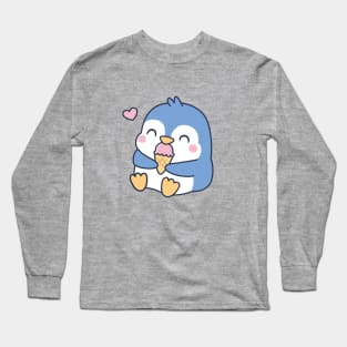 Cute Little Blue Penguin Loves Ice Cream Long Sleeve T-Shirt